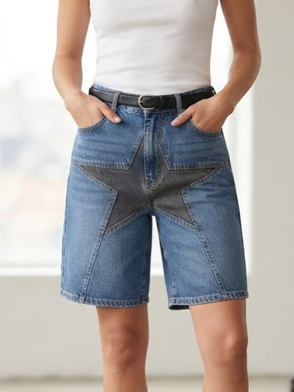 ROMWE Two-Tone Blue Denim Star Patch Shorts